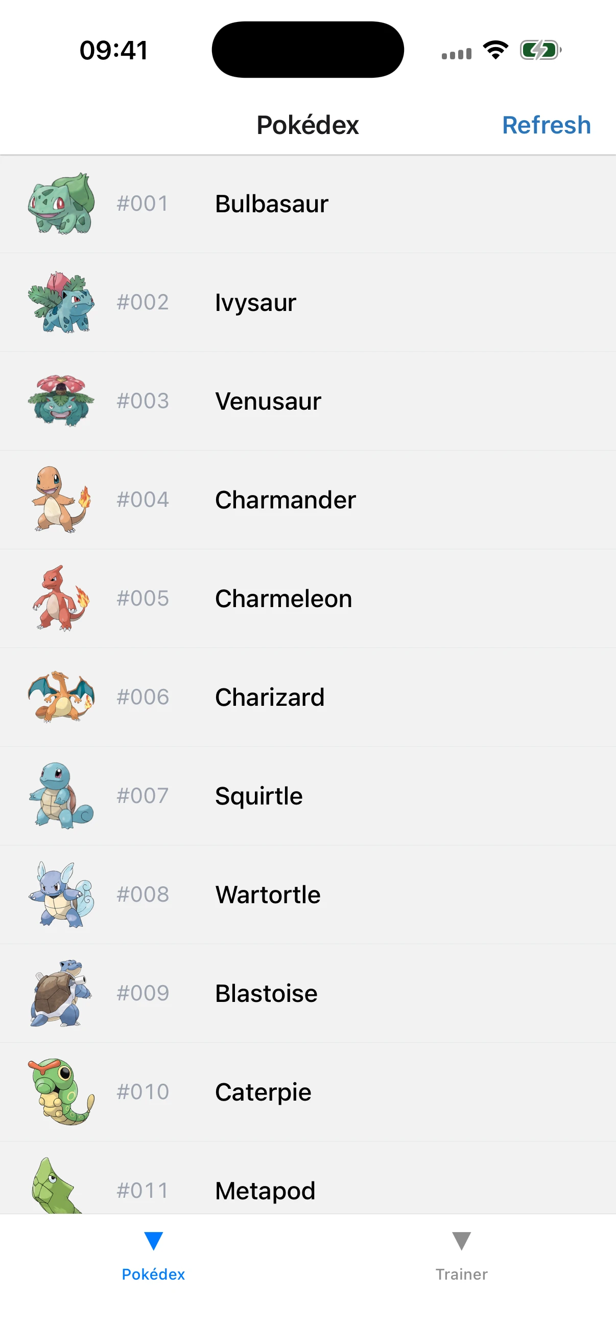 The host shell on iOS: the Pokédex tab showing a live list of Pokémon with official-artwork sprites, served by the list remote from a shared store, with a Refresh control in the host's header