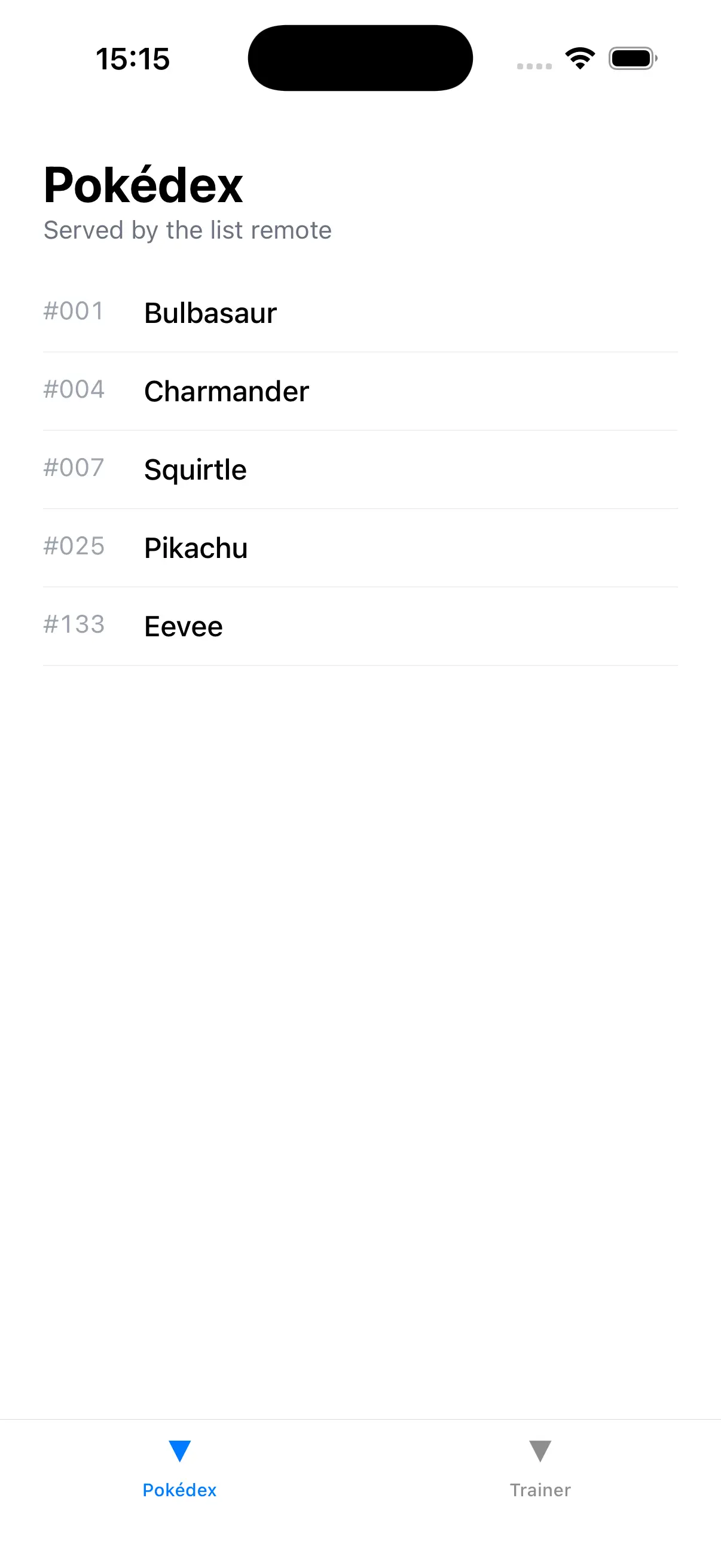 The host shell running on iOS: the Pokédex tab showing the list remote's Pokémon rows, now tappable